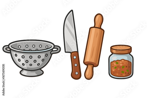 Kitchen tools icon set for cooking and baking. Vector illustration collection with colander, knife, rolling pin, and spice jar. Meal prep and culinary equipment isolated.
