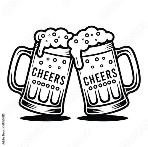 Two beer mugs clinking with foam in a black silhouette