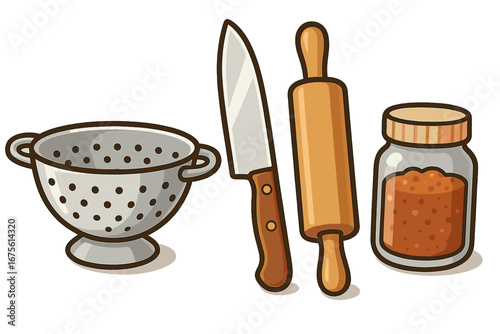Kitchen tools vector set for cooking and meal preparation. Colander, chef knife, rolling pin, and spice jar. Flat cartoon illustration for culinary blog or recipe book.