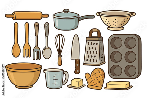 Kitchen utensils and baking tools vector cartoon set. Cooking equipment icons like rolling pin, whisk, bowl, grater, pan. Culinary gastronomy elements for graphic design.