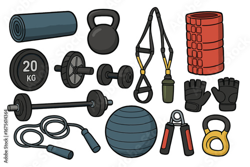 Fitness equipment set for gym and home workout. Vector icons of dumbbell, barbell, kettlebell, fitness ball. Bodybuilding, health and active lifestyle concept illustration.