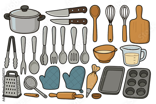 Vector cartoon set of kitchen utensils and baking tools. Big collection of cooking equipment with pot, knife, whisk, rolling pin for culinary food preparation. Doodle icons.