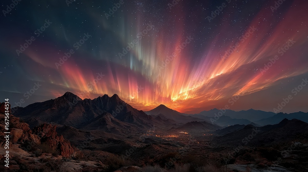 Fototapeta premium X-shaped cosmic auroras illuminate desert mountains, intersecting beams creating quantum fractures in sky.
