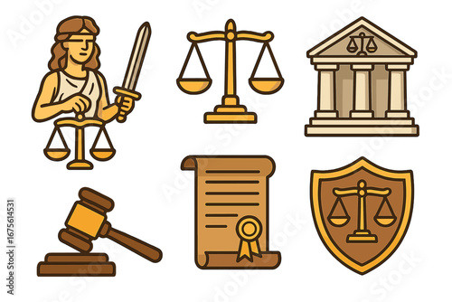 Set of law and justice vector icons. Lady Justice, scales, courthouse, gavel, and legal document symbols. Legal system, judiciary, and government concept cartoon illustration.