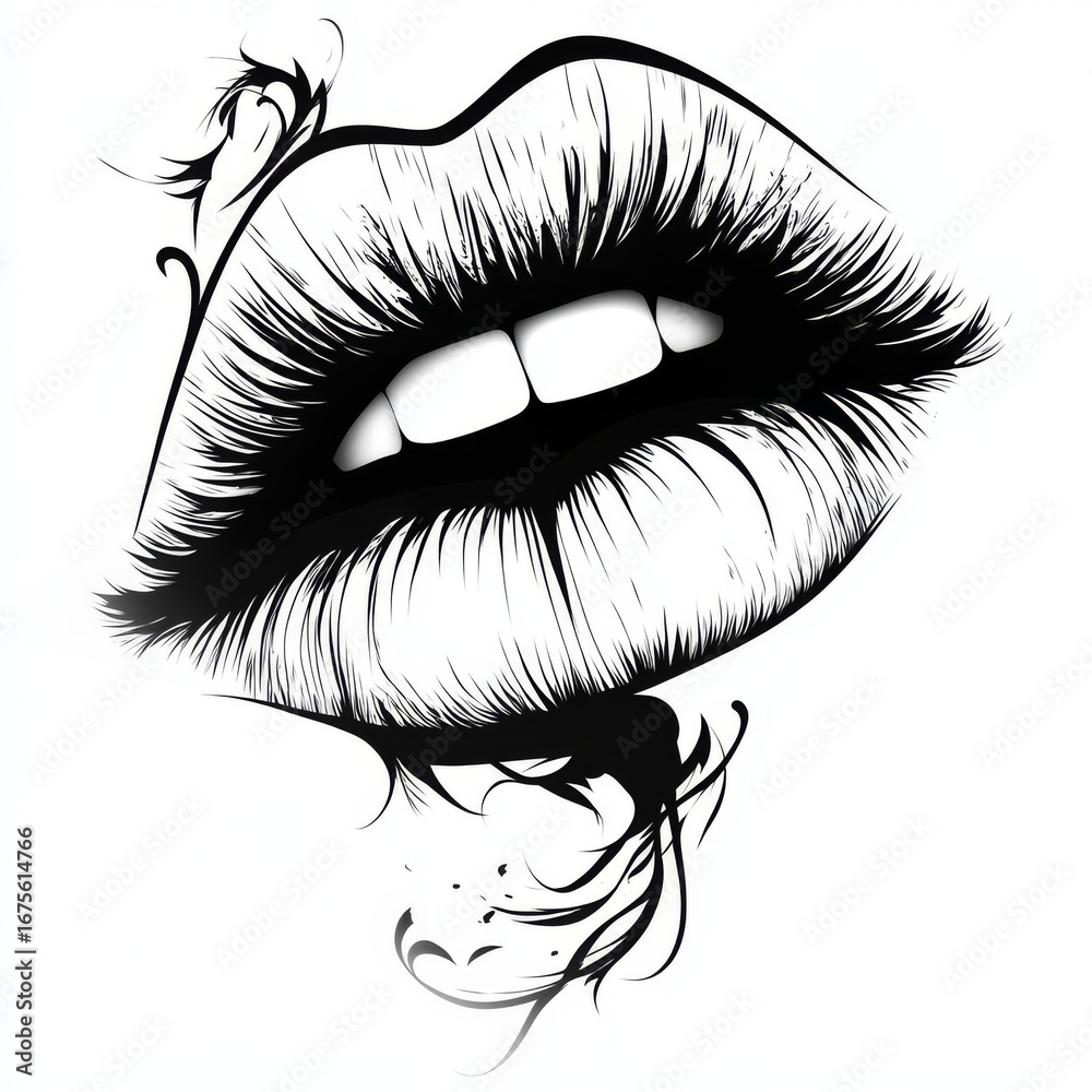 Fototapeta premium Artistic Illustrative Lips, Adorned with Foliage, Black and White, for Beauty and Tattoo Design.