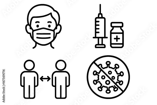 Pandemic health and safety protocol icons. Line art illustration set of prevention measures: face mask, vaccination, social distancing, and stop virus symbol. Vector elements.