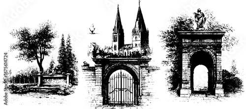 Gothic castle decor collection with towers and archways - vintage engraved set for artistic design