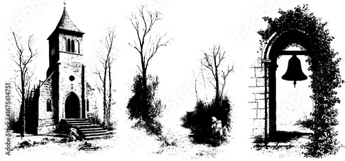 Gothic chapel ruins collection: vintage engraved architectural scenes for design