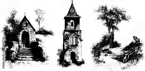 Gothic chapel ruins collection: vintage engraving art for historical design