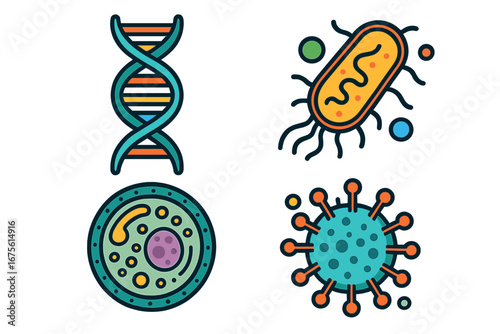 Microbiology icon set with DNA, virus, bacteria, and cell. Vector cartoon illustration for science, biology, and medical education. Genetics and virology research concepts.