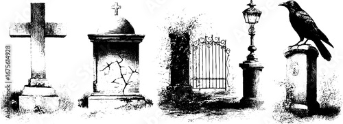 Gothic graveyard decor collection: vintage sketches of tombstones and lanterns