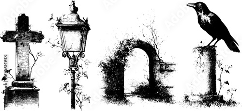 Gothic graveyard decor collection with engraved elements and mysterious atmosphere for halloween design
