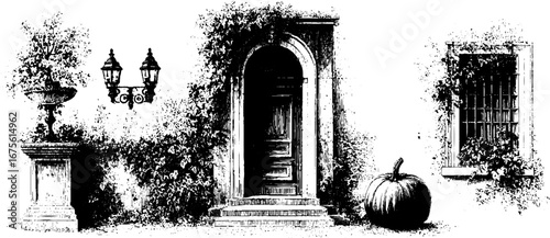 Gothic house facade with arched doorway and pumpkin - vintage hand-drawn engraving for architectural design