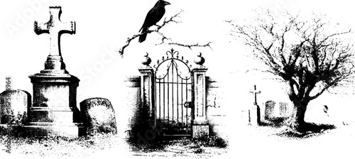 Gothic graveyard scene with stone crosses, raven, and leafless tree - hand drawn design for prints and posters