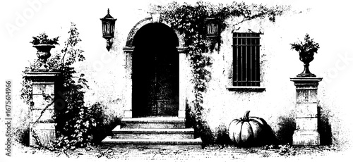 Gothic house facade with arched door and lanterns - vintage hand drawn sketch for architectural design