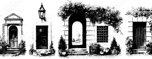 Gothic house facade collection with architectural details and vintage engraving design