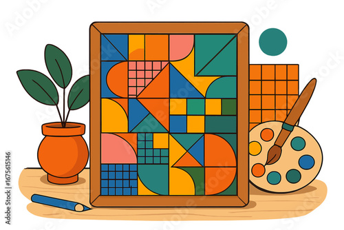 Modern geometric artwork with colorful shapes and grid pattern. Creative process concept with artist tools, palette, brush. Abstract art hobby vector cartoon illustration.