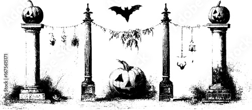 Halloween street decor collection with pumpkin lanterns and gothic details for seasonal design