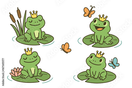 Cute frog prince character set with crowns on lily pads. Kawaii amphibian mascot collection for kids. Fairytale vector illustration of happy toads in a pond with butterflies.
