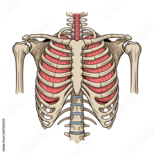 Detailed Human Ribcage Anatomy Illustration, Isolated on Transparent Background, Featuring Sternum, Thoracic Vertebrae, and Costal Cartilage