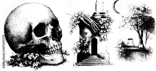 Haunted cemetery motifs collection - vintage skull and mausoleum sketch for halloween decor