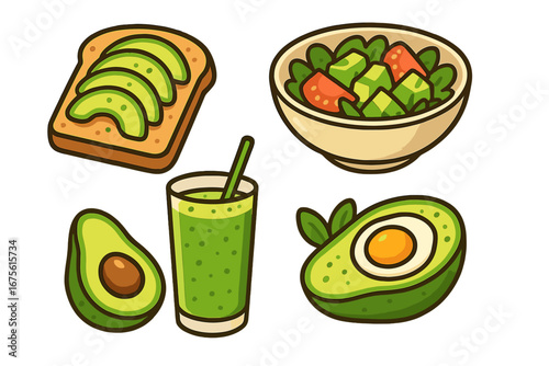 Collection of healthy avocado dishes. Includes fresh toast, green salad, smoothie, and baked egg. Vector cartoon icons for nutrition, diet, organic food, and a healthy lifestyle.