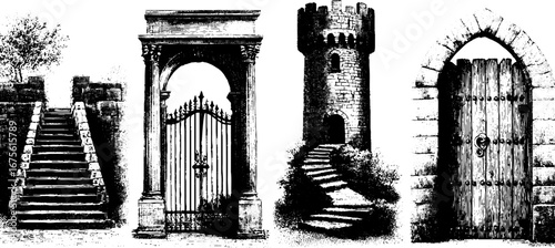 Medieval architecture collection: engraved arches, towers, and gates for historical design and art projects