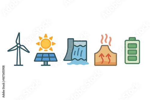 Renewable energy icon set. Wind power, solar panel, hydropower dam, geothermal station, and battery for electricity storage. Green, sustainable, and clean technology.