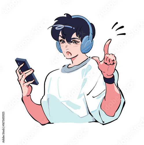 ヘッドフォンで音楽を聴きながらスマホを見ている男性のアイコンイラスト　ひらめき　発見　指を立てている