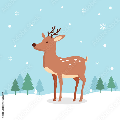 cute deer in winter forest with snowflakes cartoon illustration