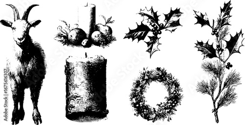 Nordic yule celebration: vintage engraving collection with goat, candles, holly, and wreath for holiday design