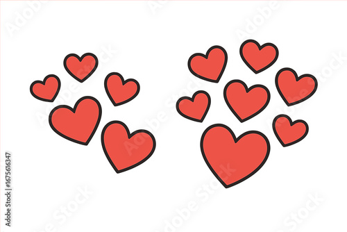 Set of red hearts vector illustration. Cute cartoon love symbols for Valentine's day, wedding or romance. Passion, affection and feelings concept. Minimalistic icon collection.