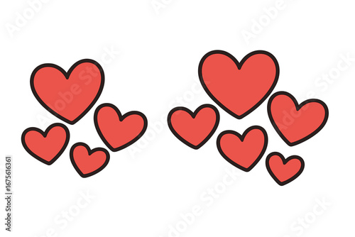 Two clusters of cute red hearts. Vector illustration set. Symbol of love, affection, passion, romance for Valentine's Day. Minimalistic cartoon design. Isolated graphic element.