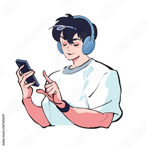 ヘッドフォンで音楽を聴きながらスマホを見ている男性のアイコンイラスト