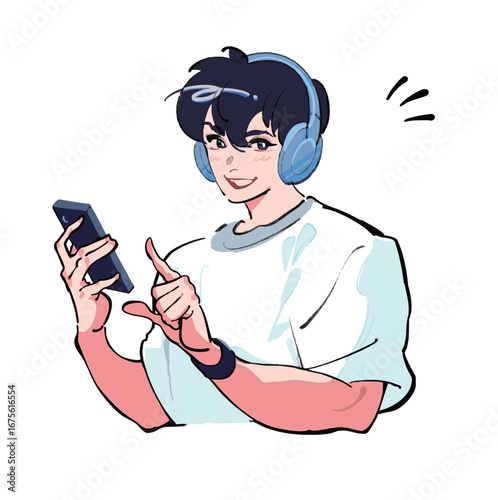 ヘッドフォンで音楽を聴きながらスマホを見ている男性のアイコンイラスト　解決　微笑み