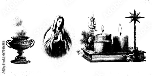 Orthodox christmas eve collection with candles and religious icons for holiday design