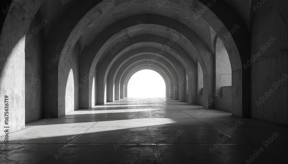 Fototapeta premium Monochrome architectural corridor with repeating arches, dramatic light-shadow contrast. Concrete structure features geometric lines, strong perspective, minimalist aesthetic leading to bright
