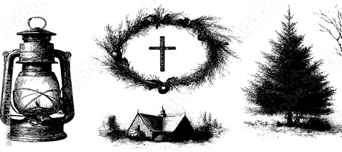 Protestant home symbols collection: lantern, wreath, cross, church, and tree illustration