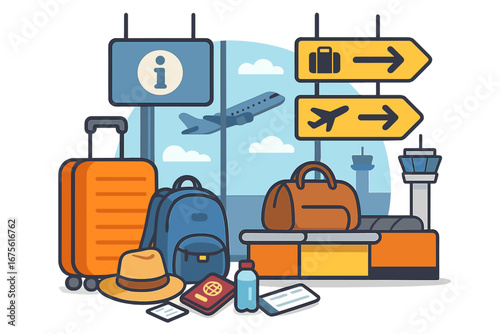 Travel essentials for air journeys with luggage, backpack, passport, boarding pass, airport signs, airplane, baggage claim carousel, airport terminal scene, vector cartoon illustration