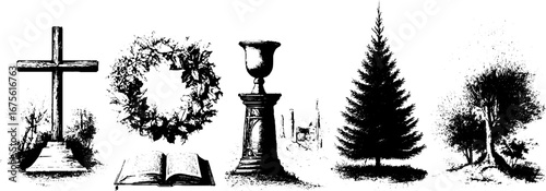 Engraving collection of protestant home symbols and nature elements for decoration and design