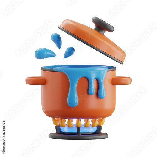 Cartoon cooking pot with boiling water and open lid, isolated on transparent background