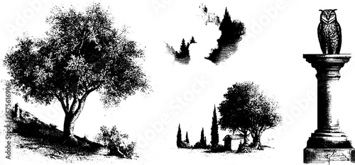 Quiet autumn night engraving with moonlit trees and owl collection for vintage design