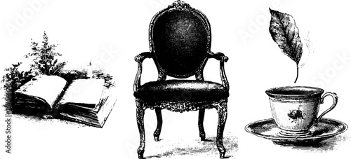 Vintage quiet contemplation collection with hand drawn chair, book, tea cup, and feather