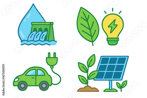 Sustainable energy icon set. Renewable power vector collection. Green electricity concept. Hydropower dam, solar panel, electric car, bioenergy leaf idea. Eco friendly cartoon.
