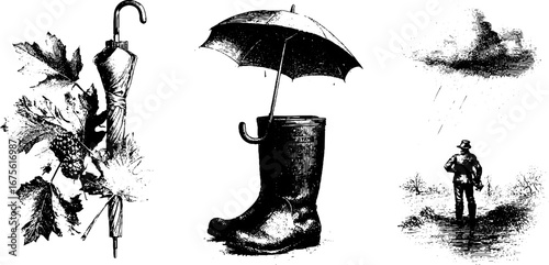 Vintage autumn collection: umbrellas and rain silhouettes for seasonal design