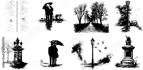 Autumn rainy city scenes with silhouetted umbrella couples and vintage elements