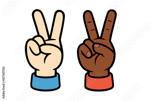 Two hands making peace sign with contrasting skin tones symbolizing unity, friendship, diversity, harmony, love, and solidarity. Vector cartoon illustration, transparent background, ordered set