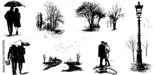 Romantic autumn stroll collection featuring hand-drawn engravings of couples and scenic views