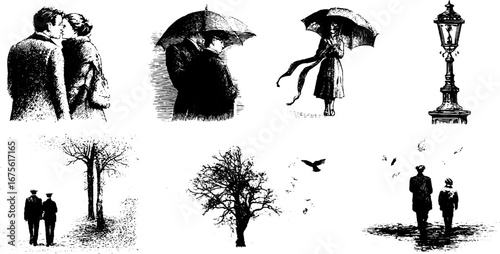 Romantic autumn stroll: vintage engraving collection featuring couples and nature scenes for design and decor