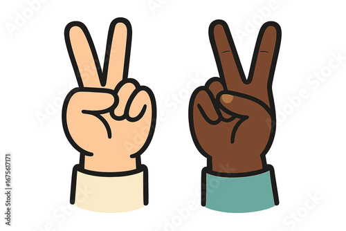 Two Hands Making Peace Sign in Contrasting Skin Tones Symbolizing Unity, Friendship, and Diversity. Vector Cartoon Illustration with Transparent Background, Ordered Set, Inclusive Design.